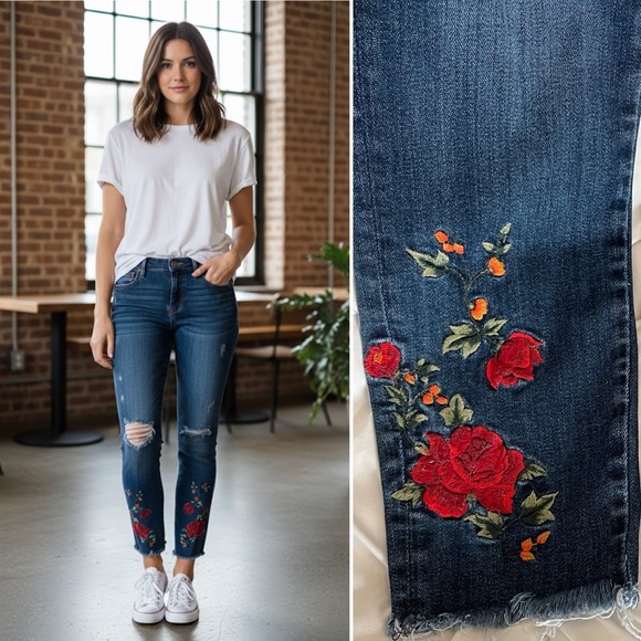DRIFTWOOD Denim - DRIFTWOOD Jackie Rose Floral Embroidered Distressed Mid-Rise Skinny Jean Size 30